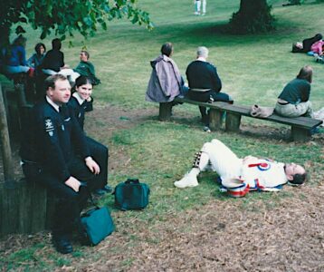 St. John's Ambulance showing great concern for our supine foreman St. John's Ambulance showing great concern for our supine foreman