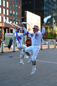 In Reading, a BB jig team helps welcome Duncan Bhaskaran Brown as he morris dances 200 miles along the Thames