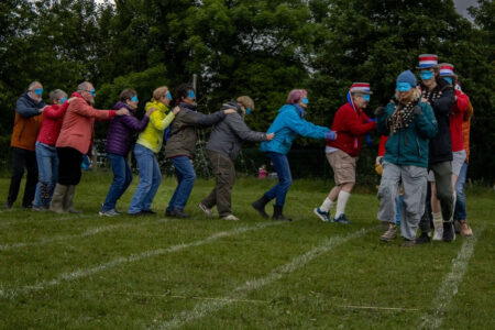 Saturday evening 'Tasksquire' - our blindfolded herd gets whistled into a pen - and wins the event...