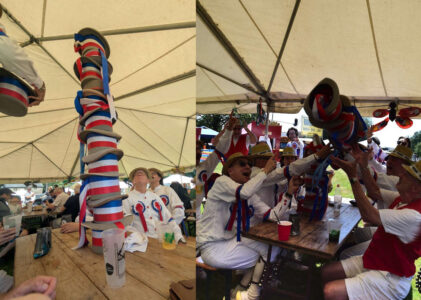 An ambitious hat tower - whoops, Roy's beer about to go...