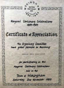 Nov 1985 - thanks from the Mayor of Wokingham Nov 1985 - thanks from the Mayor of Wokingham